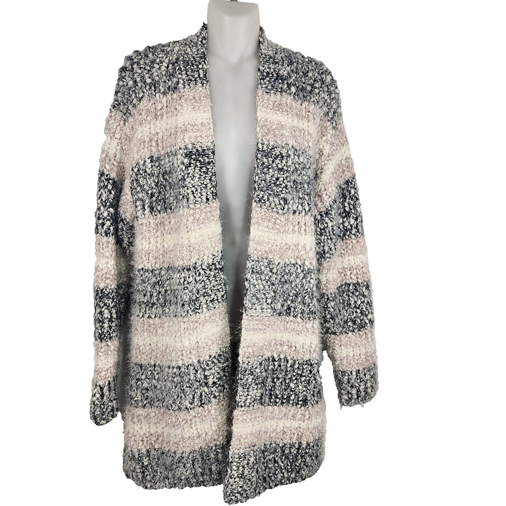 Maurices Womens Cardigan Sweater Gray Striped Cozy Soft Eyelash Knit Open Front